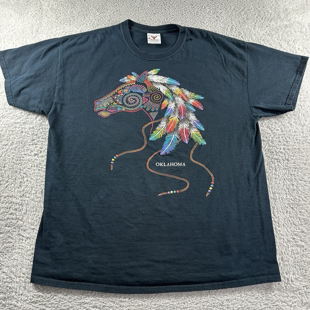 VINTAGE‎ Destination Shirt Mens XL Black Oklahoma Aztec Western Tribal Horse USA